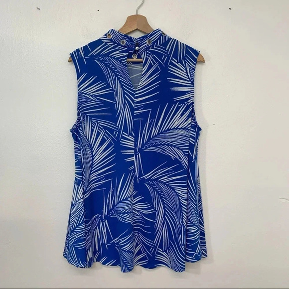 Ashley Stewart Top Woman 18/20 Blue White Print‎ Studs Moto Stretch Flowy Boho - Picture 5 of 12